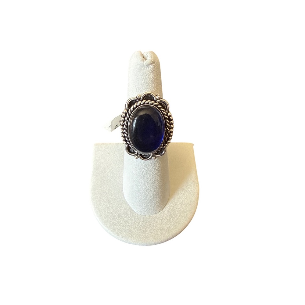 Vintage Style German Silver tone Blue Onyx Oval Statement Ring Rope Border